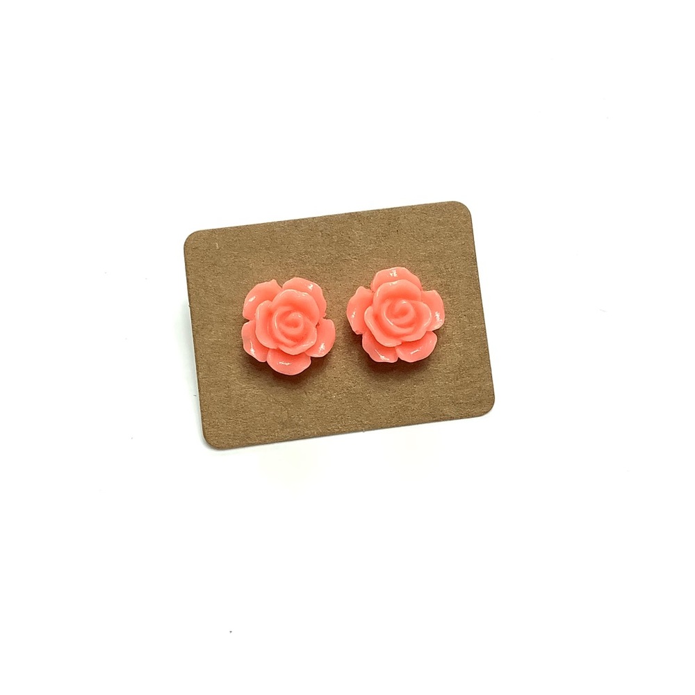 Coral Orange/Pink Rose Flower Stud Earrings - Picture 6 of 7